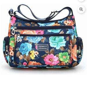 Floral Navy Shoulder Bag with Multicolor Blooms